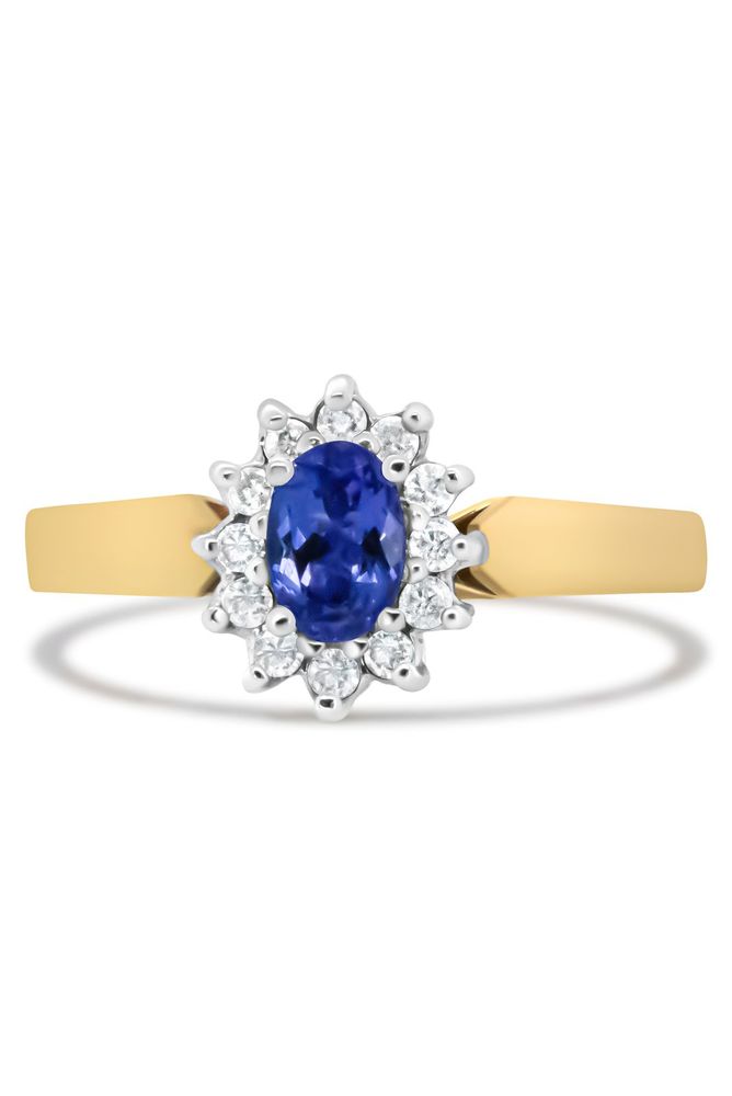 1/5 Cttw Round Diamond and 6x4mm Oval Blue Tanzanite Halo Ring
